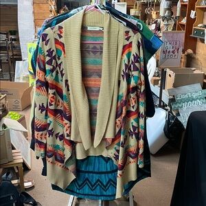 blu pepper Colorful Western Geometric Patterned Open Front Knit Cardigan S